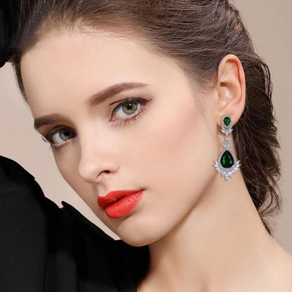 Silver with Emerald and Diamond Cubic Zirconia Vintage Style Chandelier Earrings - Picture 3 of 5